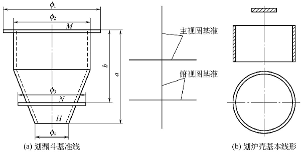 图4-1钣金加工件漏斗和炉壳线形放样